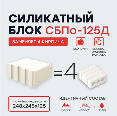 Силикатный блок Поревит стеновой СБПо-125Д 248х248х125 мм 